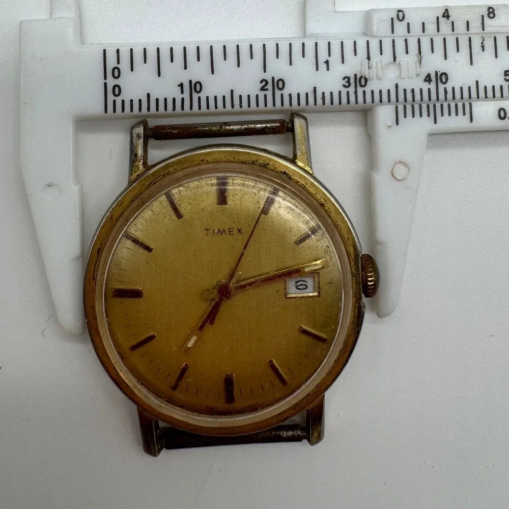 Vintage Timex Gold Tone Date Watch Head Parts Repair Pulsar Back Y147-6009 34mm